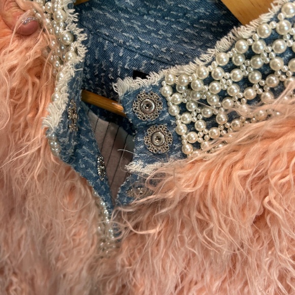 Laurence & Chico Pink Faux Fur Jacket Pearl Denim women's size S unique - Picture 3 of 12